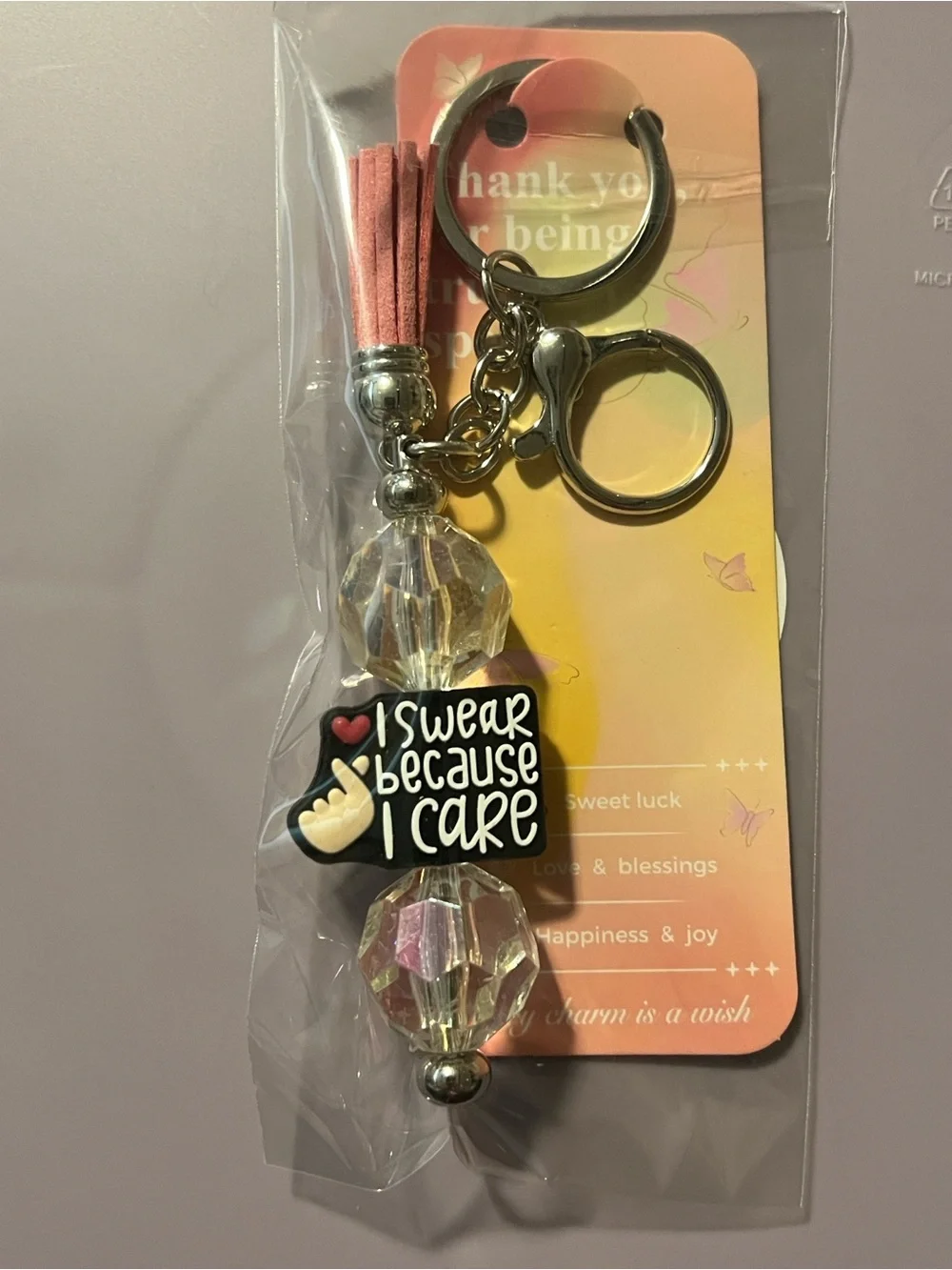 Hand Crafted Pink Tassel Key & Card Holder with 'I Swear Because I Care' Charm